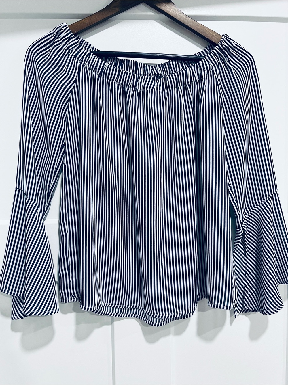 Premise Navy and White Striped Off-Shoulder Bell Sleeve Blouse